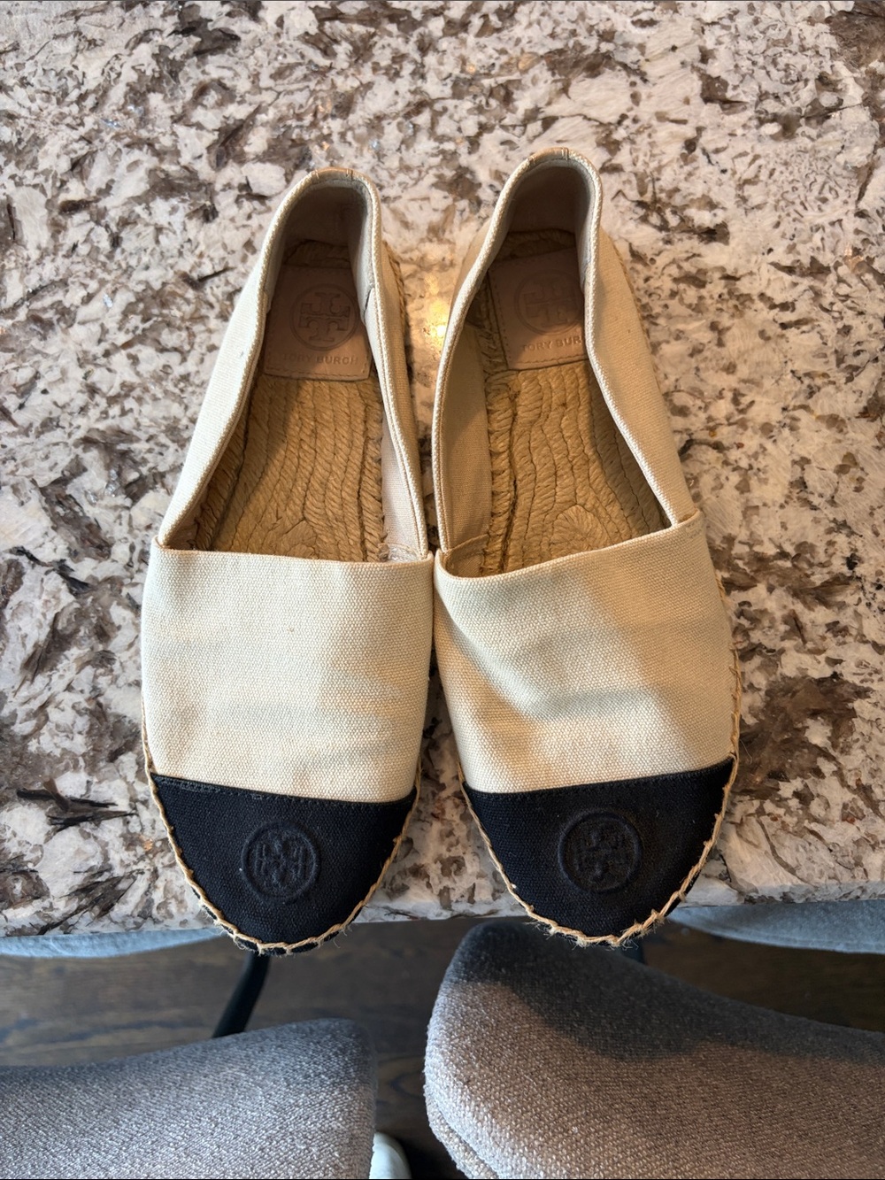 Tory Burch Cream Canvas Espadrilles with Black Toe Caps